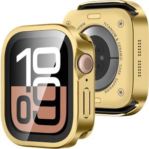 Amizee Metal Case Compatible with Apple Watch Series 11/10 42mm Case with Built-in Screen Protector, Straight Edge Ultra Thin with Back Cover Protective Cover for iWatch 42mm, Gold