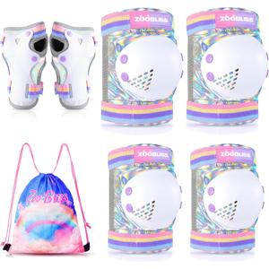 Knee Pads for Kids - ZOOBLISS Toddler Knee and Elbow Pads Set Wrist Guards for Skating Girls Aged 3-12, Kids Protective Gear for Roller Skates Skateboard Bike Scooter, Included Drawstring Bag(Rainbow)