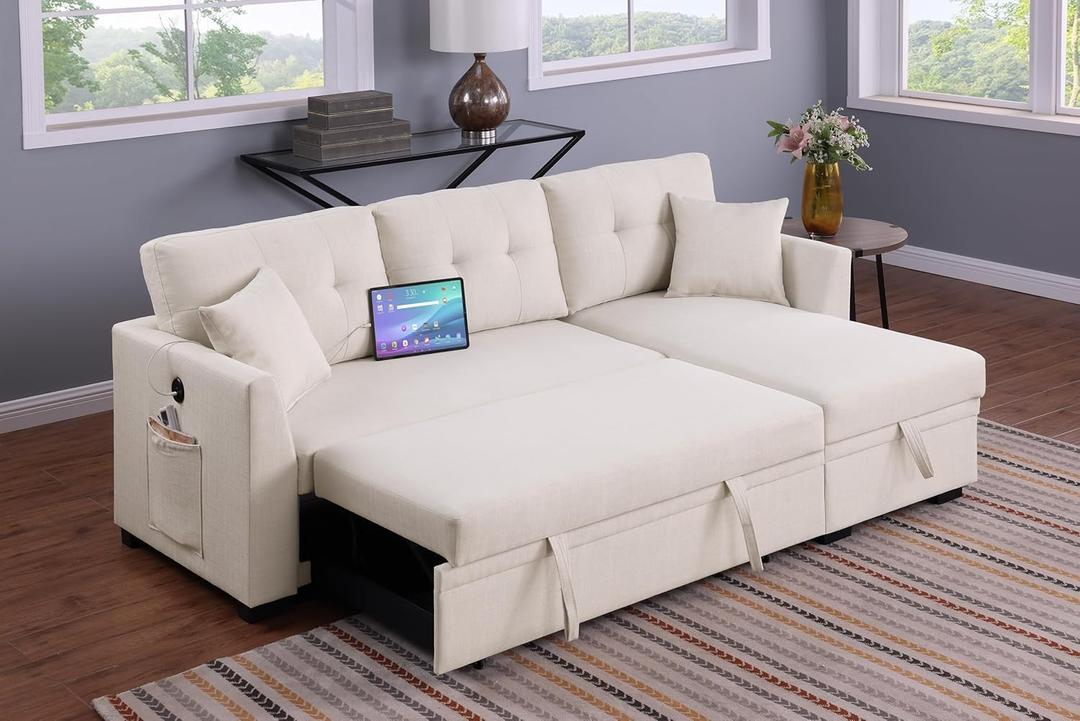 81.5" Reversible Sleeper Sectional Sofabed L-Shaped Corner Pull Out Sleeper Couch Bed with Reversible Storage Chaise and 2 Pillows, Modern Convertible Corner Sleeper Sectional Sofa for Living Room