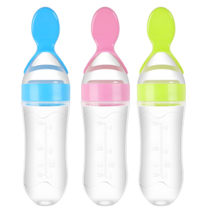 Baby Food Feeder 3 Pack Silicone Baby Food Dispensing Spoon with Standing Base for Infant- 3 oz Squeeze Feeding Spoons with Suction Cup for Boys Girl Kids Toddlers - Self Feeding Bottle Spoon
