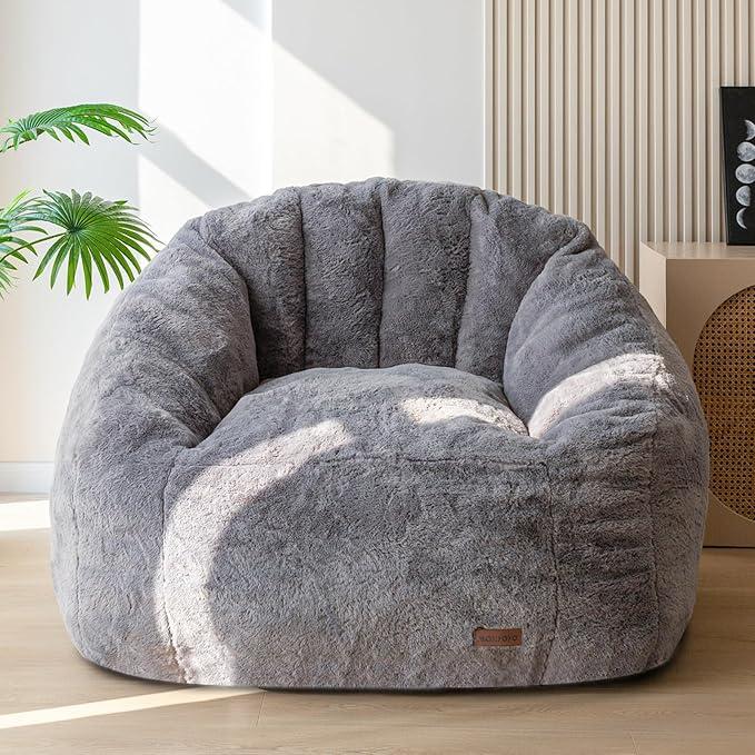 Giant Bean Bag Chair, Oversized Bean Bag Couch for Adults and Kids, Faux Fur Shell-Shaped Large Chair with Filler, Stuffed Big Accent Sofa Lounge Floor Sofa for Reading, Dark Grey, Standard