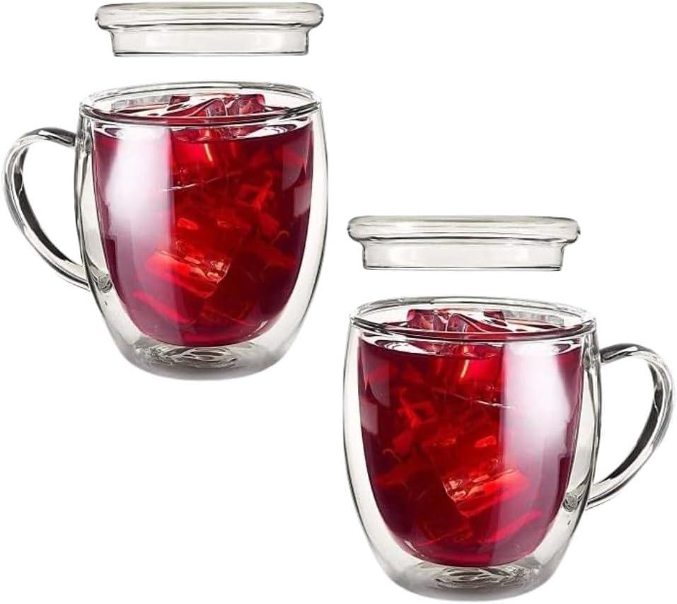 2 Pack -12 oz Clear Double Wall Glass Coffee Mug with Lid | Insulated Heat Proof Glass Tea Cup Mug with Handle | Perfect for Cappuccino Tea Latte Hot Beverage Wine Microwave Safe