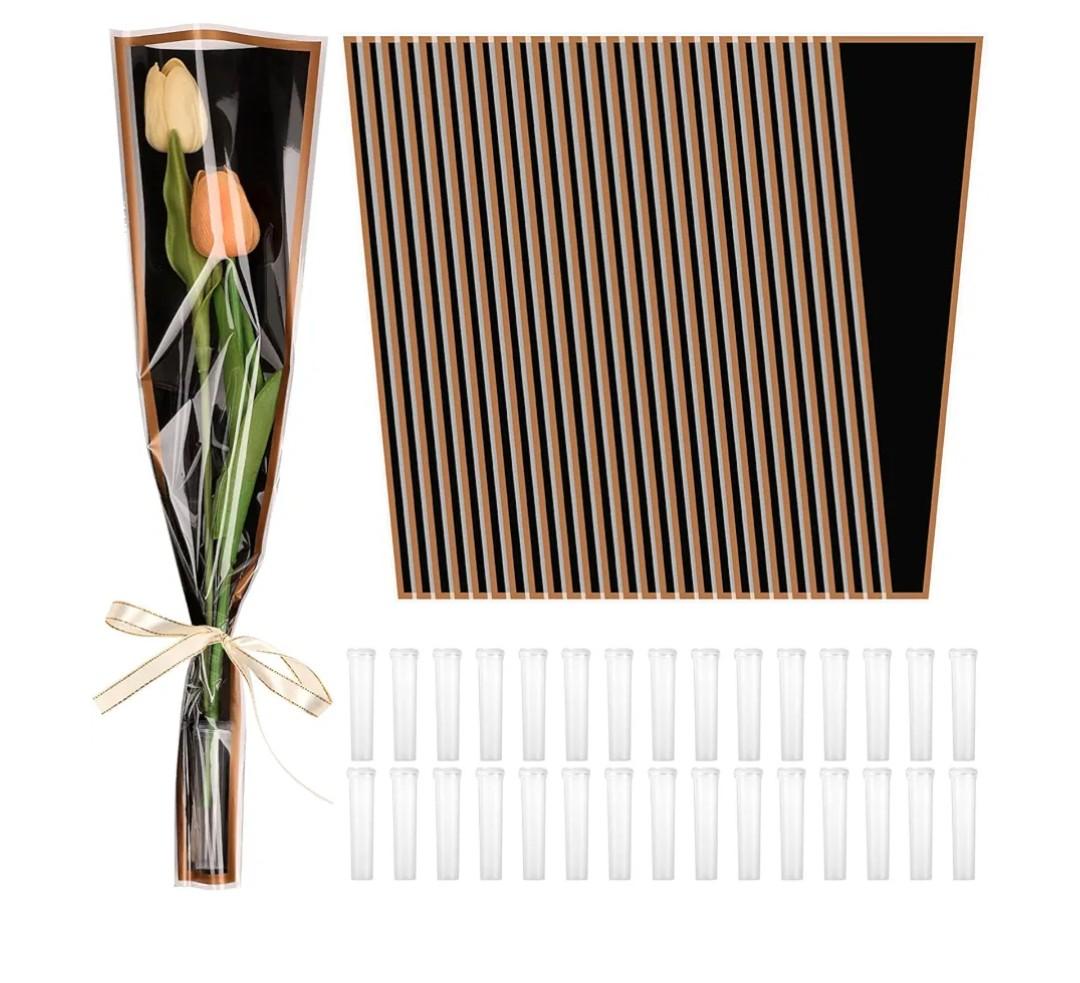 cridoz 100 Pcs Single Rose Sleeve with 100 Pcs Floral Water Tubes for Bouquets, Single Flower Sleeve Flower Wrapping Bags Flower Water Tubes for Mother's Day Graduation Party(Black)
