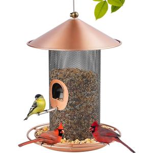 Bird Feeder for Outdoor, Metal Wild Bird Feeder Hanging Outside, 7.5" Copper Roof and 360 Degree Feeding Tray with 2 Extra Feeding Ports, 3 Lbs Bird Seeds Capacity