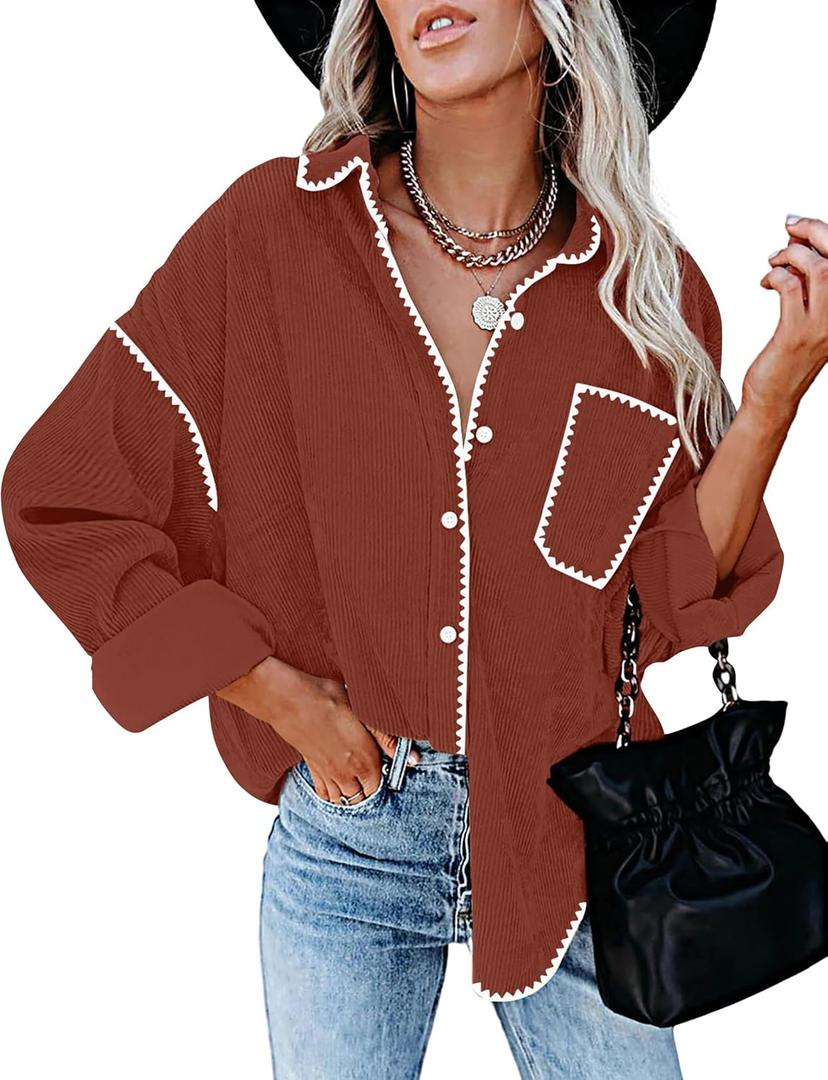 ZESICA Womens Corduroy Shacket Jacket Long Sleeve Button Down Shirt Oversized Blouses Tops with Pockets (Medium, Rust)