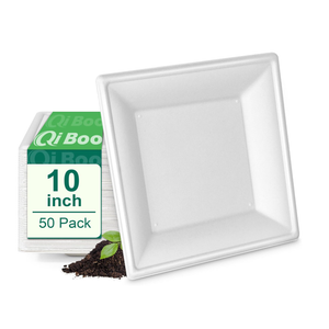 Qi Boo Square Paper Plates 10 Inch [50Pack] Compostable Eco Friendly Disposable Plates Heavy Duty, Biodegradable Recycled Bagasse Plates, Large Paper Dinner Plates, Sturdy White 10" Plate