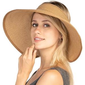 Women Sun Visors Foldable Straw Hats Summer Beach Packable Hat Floppy Wide Brim Cap Deep Style, Adjustable Size