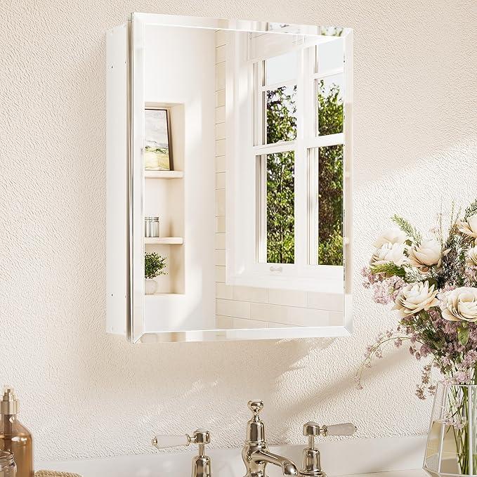TETOTE 14 x 18 Medicine Cabinet with Tempered Beveled Mirror White Bathroom Mirror with Storage Aluminum Cabinet DTC Hinges, Stepless Adjustable Shelves, Recessed/Surface-Mounted