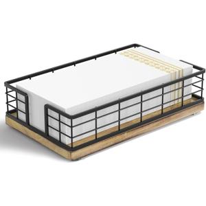 Wican Guest Towel Holder Tray for Bathroom, Oak and Iron Napkins Holder for Powder Room Dinning Table Wooden Basket for Disposable Paper Hand Towels Black and Farmhouse Brown (9.06 x 5.51 x 2.56 inchs)