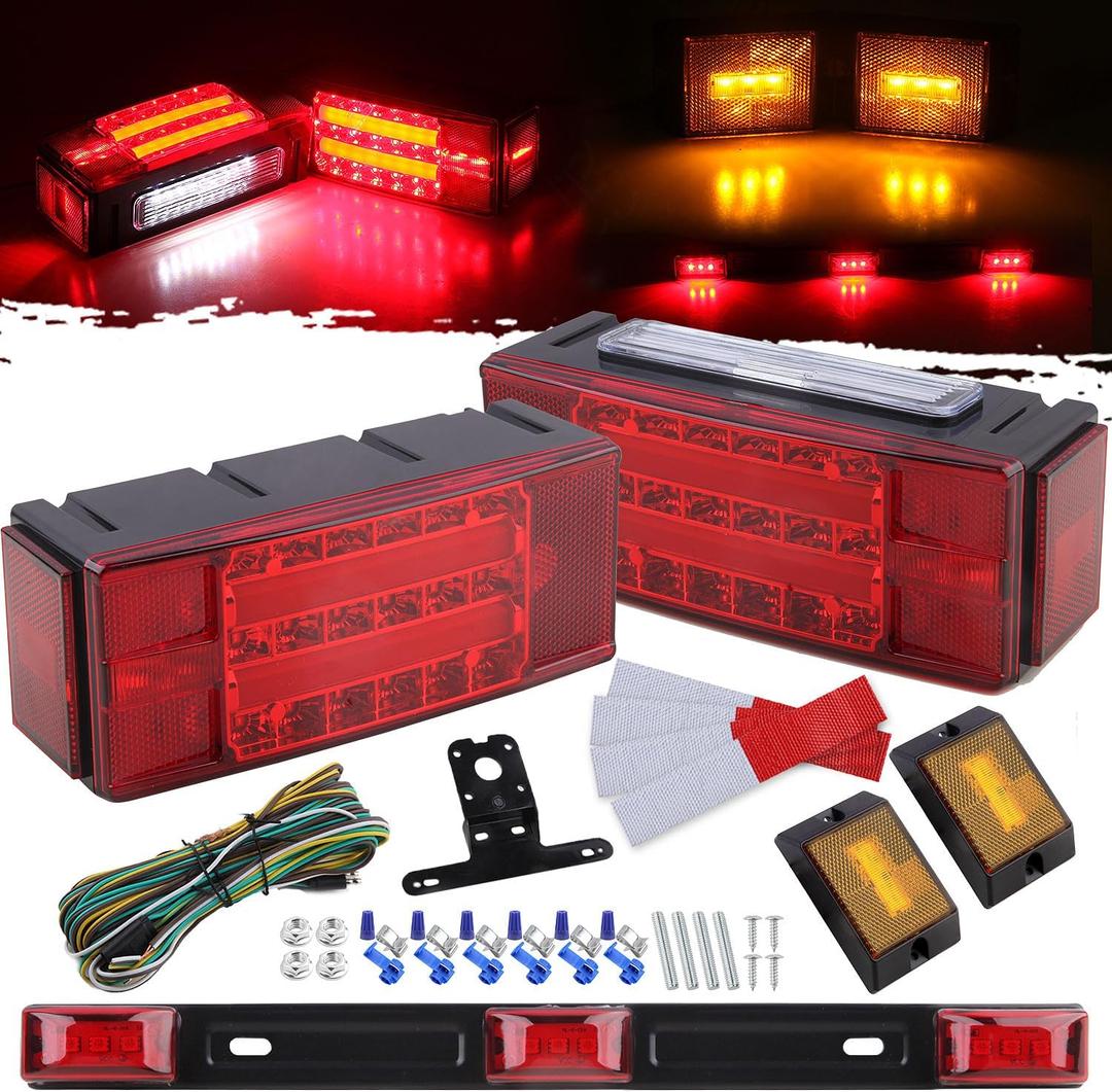 12V Submersible LED Boat Trailer Lights Kit, Rectangle LED Stop Brake Turn Signal Running License Light w/Amber Marker Lights Reflex, 15" 3-lamp Red Clearance Identification Trailer Light Bar