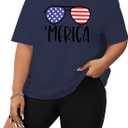 Women's Plus Size 4th of July Tops USA Shirt Memorial Day Red White and Blue Patriotic Shirts American Flag Graphic Tees (Blue-3,4XL) (Blue)
