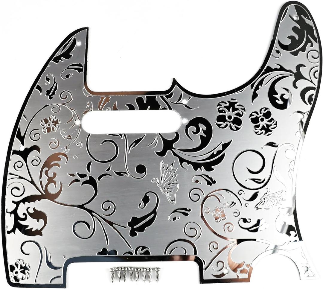 Stainless Steel Pick Guard Scratch Plate 8 Holes SH Pickup Configuration Engraving Metal Electric Guitar Pickguard Compatible with USA/Mexican Telecaster Tele Modern Style Guitar Parts(Chrome)