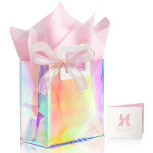 KeerxunBag 1 Pack Holographic Gift Bags with Handles & 2 Tissue Paper Sheets  Iridescent Transparent Reusable Bags for Women, Girls, Birthdays, WeddingsPink Gift Bag