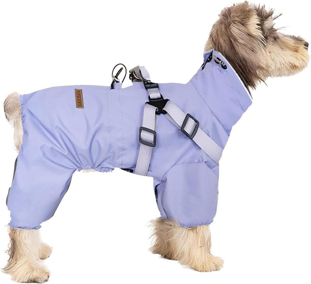 HDKUW Small Dog Raincoat Harness, Four-Legged Full Coverage Dog Raincoat, Waterproof 4-Legs Dog rain Jacket with Reflective Strip, Adjustable Puppy Waterproof Clothes Purple M (M:Back 9.8",Chest 14.2")