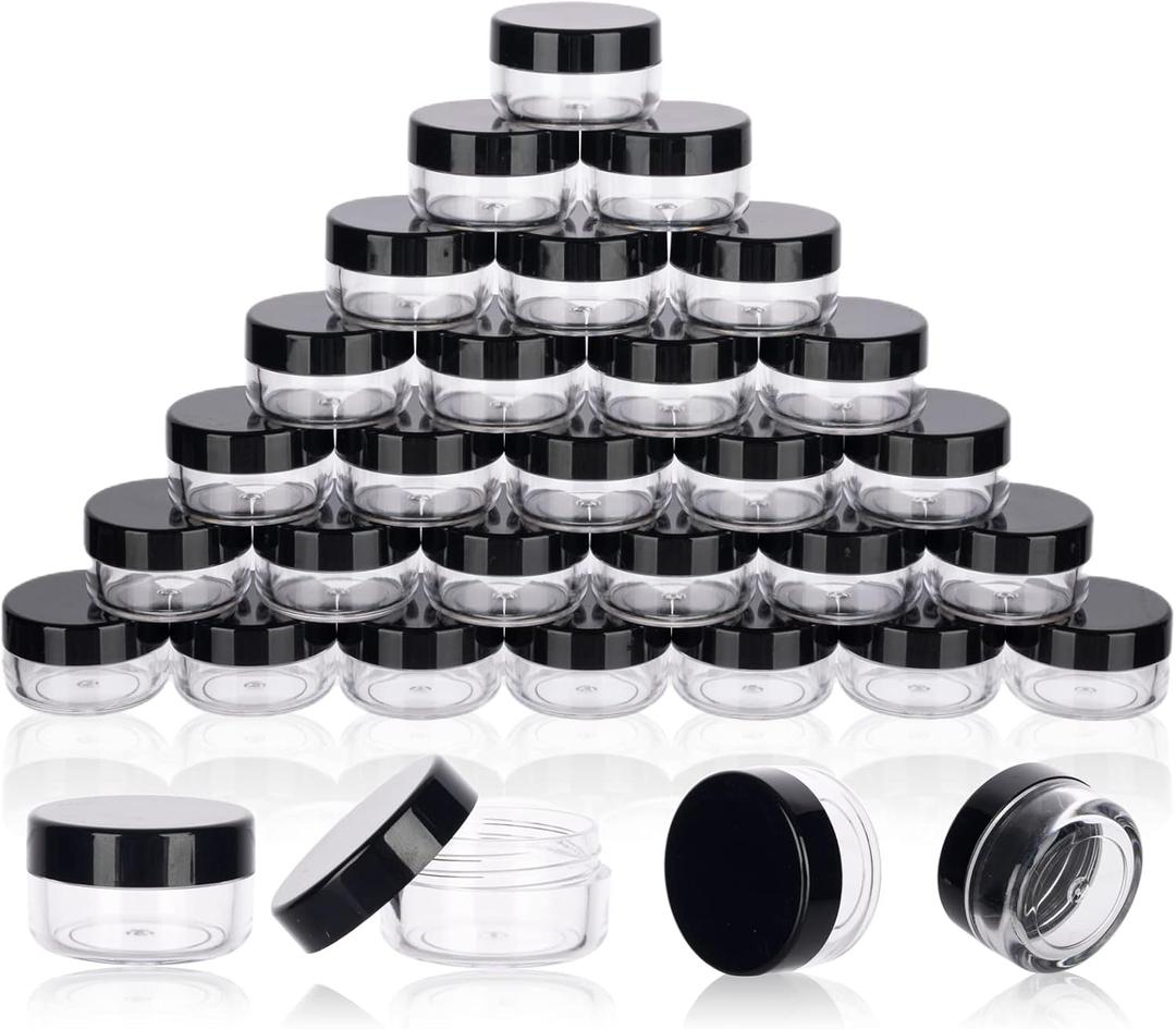 5 Gram Sample Containers With Lids, 200 Count 5ML Jars, Empty Cosmetic Jars for Glitter, Lotion, Cream, Beads - With Labels, Mini Spatulas