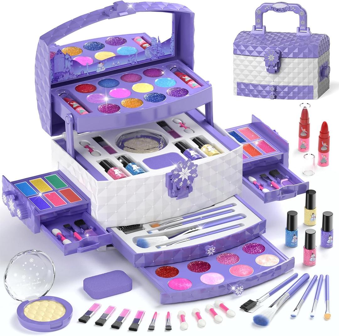 PERRYHOME Kids Makeup Set for Girl 56 Pcs Washable Real Cosmetic, Non-Toxic Frozen Toys Toddler Makeup Kit, Frozen Princess Dress up Game Christmas & Birthday Girl Gift for 3-12(Frozen Purple)