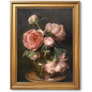 HUYKON Vintage Gold Frame Floral Wall Art Classical Pink Peony Still Life Poster Retro Soft Romantic Botanical Oil Painting Peonies in Glass Vase Canvas Print for Bedroom Living Room Decor 12x16inch (Blooming Flower)