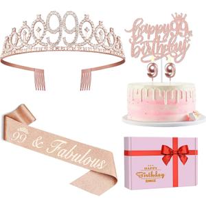 99th Birthday Decorations for Women Including Birthday Sash and Tiara, Candles and Cake Topper, Gifts for 99 Year Old Woman, Rose Gold Party Decor Supplies
