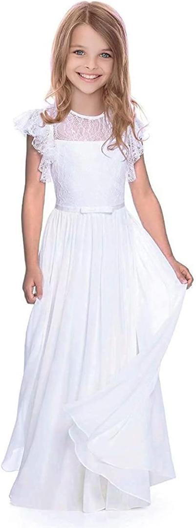 ABAO SISTER Boho Long Lace Chiffon Flutter Sleeves Dress A-Line Communion Bridesmaid Flower Girl Dresses for Girls 2-12 Years (White, M)