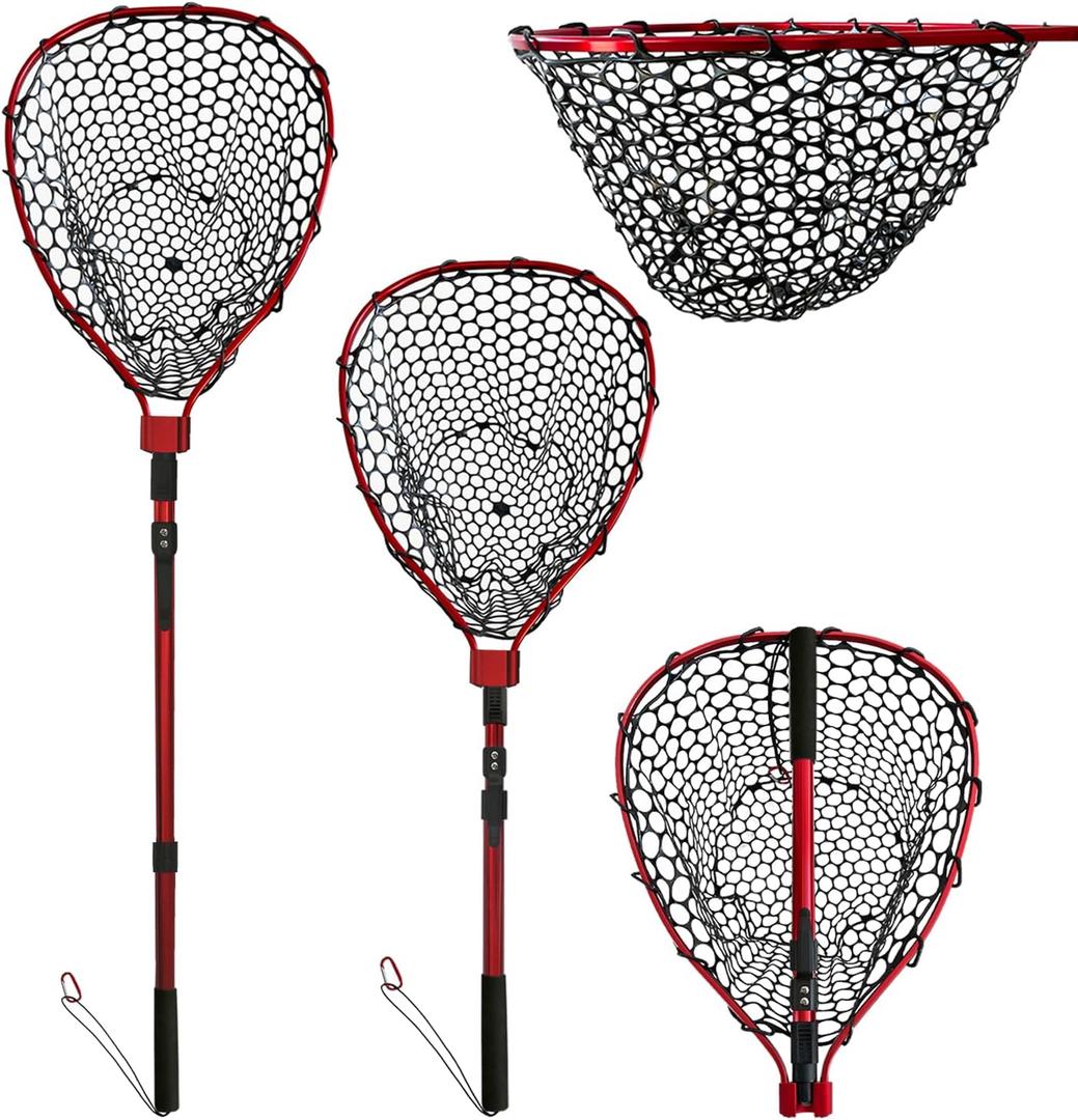 Telescoping Rubber Fishing Net with Handle 47 Red Foldable Fish Net - Adjustable Length Lightweigh Collapsible Extendable Fishing Net (net depth 30cm)