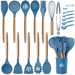 MIBOTE 17 Pcs Silicone Cooking Kitchen Utensils Set with Holder, Wooden Handles BPA Free Silicone Turner Tongs Spatula Spoon Kitchen Gadgets Utensil Set for Nonstick Cookware (Blue)