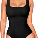 Shapewear Bodysuits for Women : Thong Shapewear Tummy Control Body Shaper Square Neck Body Suits Tank Top (X-Small-Small, Black)