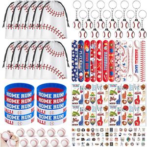 132 Pcs Baseball Party Favors Drawstring Bags Baseball Goodie Bag with Mini Ball, Wristband, Slap bracelets, Keychains, Baseball Stickers,Tattoo Stickers for Baseball Themed Party Supplies