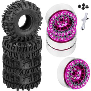 BRCatWPark RC 1.9 Beadlock Wheels and Tires for 1/ 10 REDACTED4 REDACTED6 SCX10 SCX10 II 90046 SCX10 III AXI03007 SCX10 Pro Gen7/ 8 D90 VS4-10 MST CFX RC Crawler Car, 4PCS Beadlock Rims 1.9 Wheel Tires, Pink