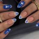2 x Blue French Tips Press On Nails Short Almond, Flower Heart Sticke On Nails, Designer Reusable Acrylic Nails Press Ons, Fake Nails With Glue On Nails, Daily Wea False Nails For Women (24 Pieces (Pack of 1))