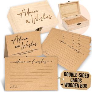 WOODAMORE Advice and Wishes Cards Box - 50 Pcs Rustic Baby Shower Advice Cards, Wedding Advices Card for Bridal Shower, Well Wishes Box for Graduation, Christmas, Birthday Party Decorations, 5x7 inches