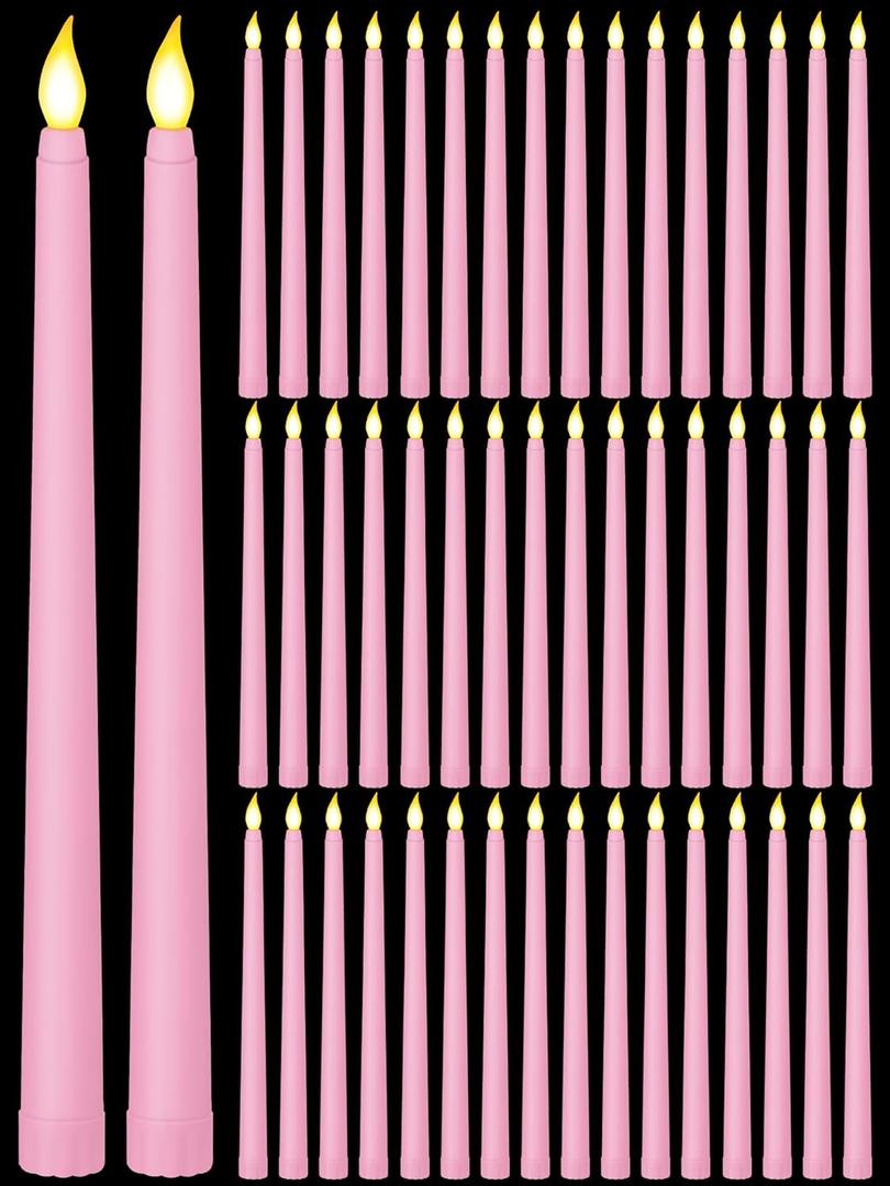 Funtery 48 Pcs Flameless LED Taper Candles 11 Inch Battery Operated Flickering Candles Bulk for Christmas Church Wedding Party(Pink, Classic Style)