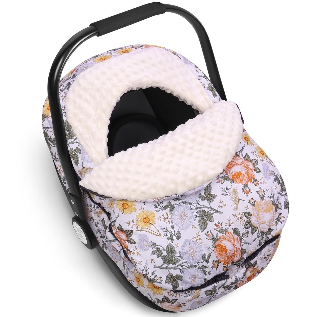Metplus Winter Baby Car Seat Cover, Blanket-Style Winter Car Seat Canopy for Babies, Warm Plush Fleece Baby Carrier Cover for Infant Boys Girls (Flower)