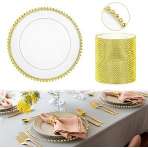 12 Pcs Clear Charger Plates with Beaded Rim 13 Inch Acrylic Gold Beaded Charger Plates Bulk for Wedding Party Dinner Birthday Table Events Decoration