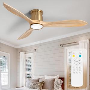52 inch Ceiling Fan with Lights, Wood Low Profile Ceiling Fans with Remote Control, Dimmable Light, 3 CCT, 6 Speeds, Noiseless DC Motor, Ceiling Fan for Bedroom, Living Room, Office, Indoor, Natural Wood Grain