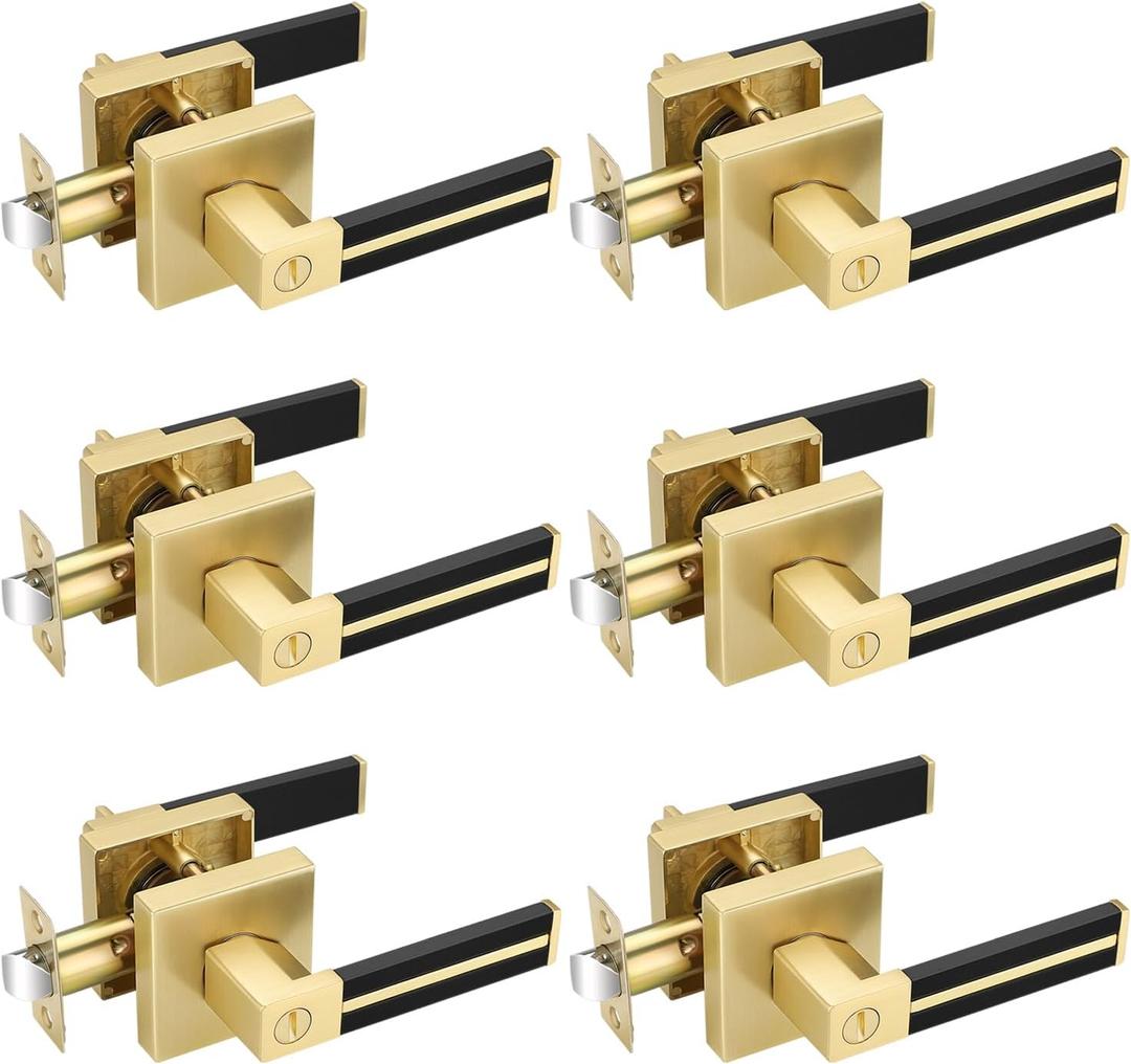 EHOMEWARE Gold Door Handles with Black Leather Handle, 6 Pack Privacy Door Levers for Bedroom or Bathroom, Interior Door Knobs Locked Inside with Turn-Thumb, Universal Handling