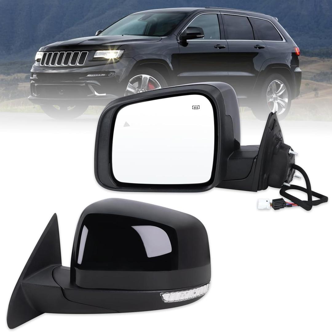 Left Driver Side Mirror Fits 2014-2021 Jeep Grand Cherokee 2022 Grand Cherokee WK With Manual Folding Power Glass Heated Turn Signal Mirror Memory Blind Spot Black Replace#68236933AB(13Pins)