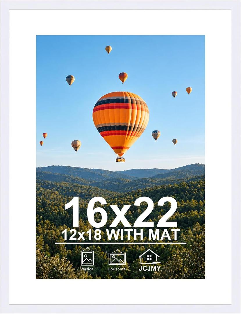 JCJMY 16x22 Picture Frame with 12x18 Mat, Display Photo 12x18 with Mat or 16 x 22 Without Mat, Wall Hanging Large 16 by 22 Poster Frame with Plexiglass, White