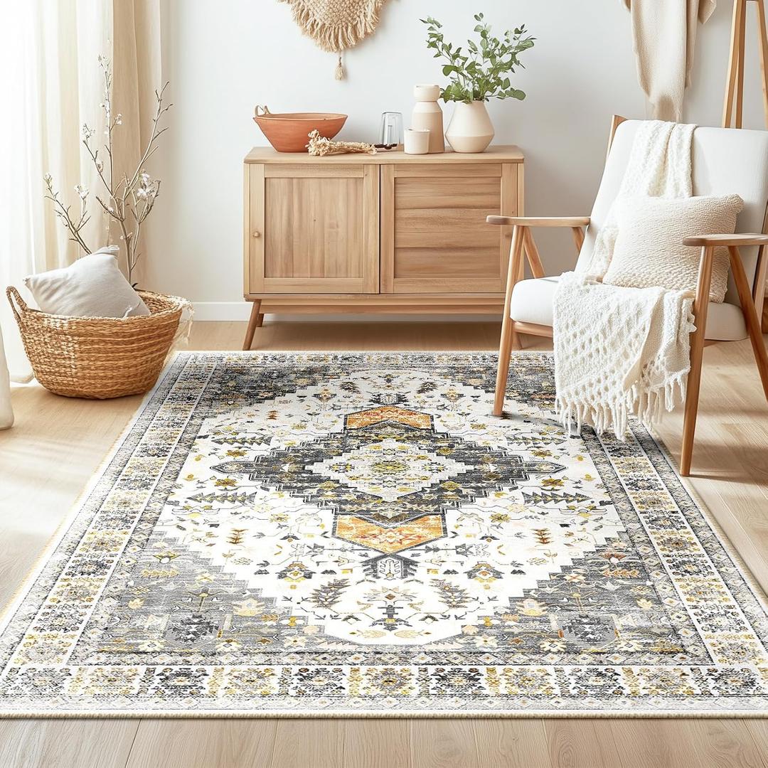 BESTSWEETIE 4x6 Area Rug for Living Room Washable Rugs No Pile Carpet for Entryway Bedroom Dinning Room Playroom Vintage Boho Carpet Print Distressed Non-Slip, 4 x 6 ft, Grey Brown Neutral