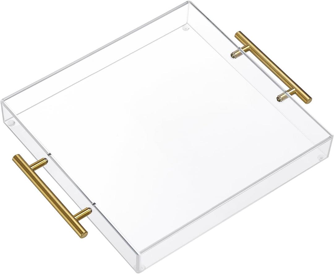 12"x12" Clear Acrylic Serving Tray with Golden Handles, Sturdy Huge Capacity Acrylic Trays for Coffee, Juice, Kitchen and Desk Organizer, Storage Tray (12"x12")