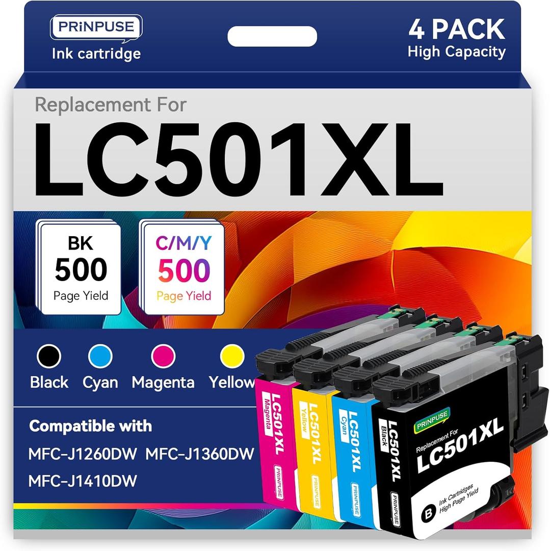 LC501XL Ink Cartridges Replacements Compatible for Brother LC501XL LC501 Ink Cartridges for Brother Printer Work Smart MFC-J1260DW MFC-J1360DW MFC-J1410DW, LC501 Series Ink 4 Pack