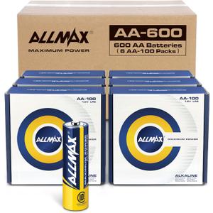 Allmax AA Maximum Power Alkaline Double A Batteries (600 Count Wholesale Pack / 6 Boxes of 100)  Ultra Long-Lasting, Leakproof Design, 10-Year Shelf Life, Maximum Performance (1.5V)