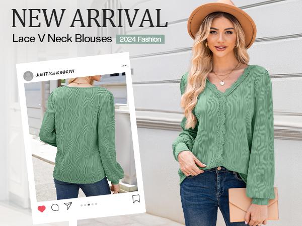 JUSTFASHIONNOW Blouses for Women Dressy Casual Lace V Neck Business Casual Work Tops Womens Long Sleeve Shirts Trendy Outfits, 3XL JUSTFASHIONNOW Blouses for Women Dressy Casual Lace V Neck Business Casual Work Tops Womens Long Sleeve Shirts Trendy Outfits, 3XL