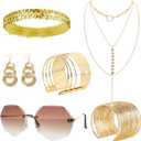 6 Pieces 70s Gold Disco Accessories Set for Women 1970s Disco Costume Accessory Dangle Earrings Layered Necklace Bangle Bracelets Diamond Glasses Sequin Headband for Party Halloween Cosplay