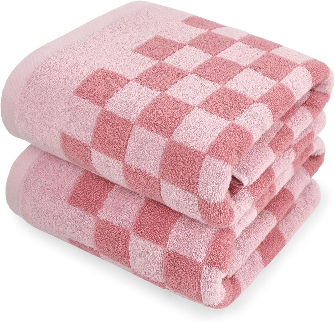 Jacquotha Soft Bath Towels for Bathroom Beach Pool (Pink Checkered), Quick Dry Cotton Shower Towels Set of 2, Cute Funny for Her Women Girls, 27.5x55 Inches