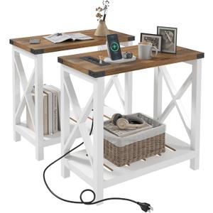 Hadulcet Farmhouse End Tables Living Room Set of 2, Narrow Side Table with Charging Station, Slim Nightstand for Small Space, Skinny Bedside Table, Sofa Side Table with Storage Shelf, White & Brown, 23.62 Inches X 11.8 Inches X 23.62 Inches