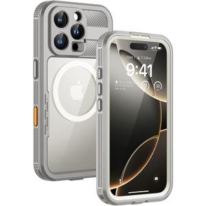 Lanhiem Magnetic for iPhone 16 Pro Case, IP68 Waterproof Dustproof Case, [Compatible with Magsafe] [Built-in Screen Protector] Full Body Heavy Duty Rugged Phone Cover 6.3 inch, Natural