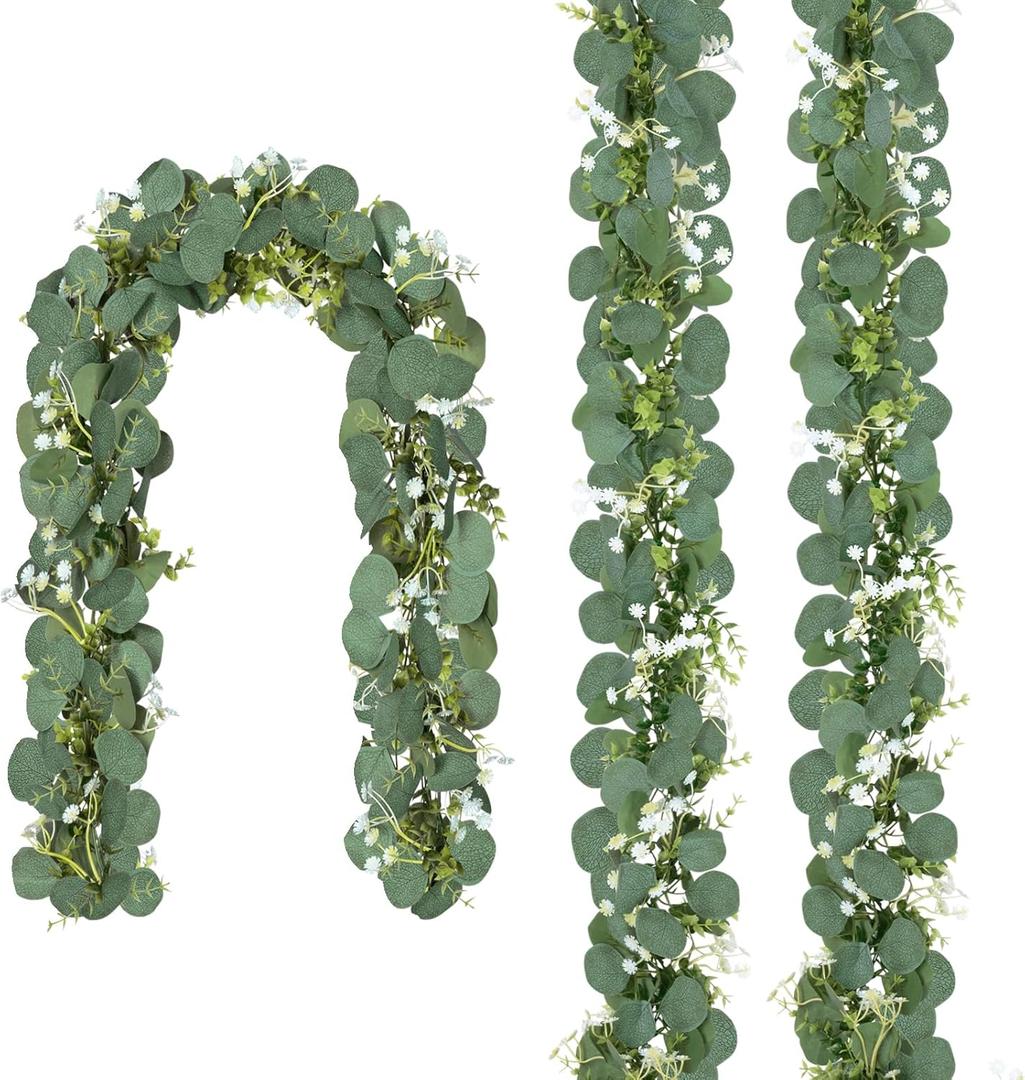 CQURE 3 Pack 5.9Ft Eucalyptus Garland,Artificial Eucalyptus Flowers Leaves Table Greenery Garland Wreath Vines for Wedding Party Table Fireplace Bedroom Wall Room Decor