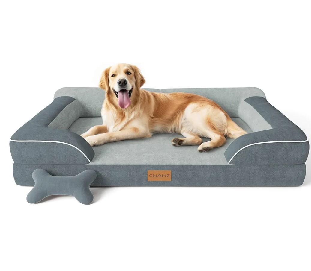 Extra Large Dog Bed, Orthopedic XL Dog Bed with Cooling Gel Memory Foam, Waterproof Pet Bed with Removable Washable Cover, 42" Pet Sofa Couch Dutch Velvet with Bone Toy, Dark Gray