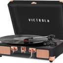 Victrola Journey Bluetooth Portable Suitcase Record Player  with Built-in Speakers, 3 Speed Vinyl Record Player, RCA Out, Headphone Jack (Black Rose Gold)