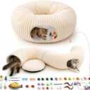 Cat Tunnel Bed with 40 Pcs Interactive Cat Toys, Cat Tube with Kitten Toys for Indoor Kittens, Collapsible Play Tunnel, White